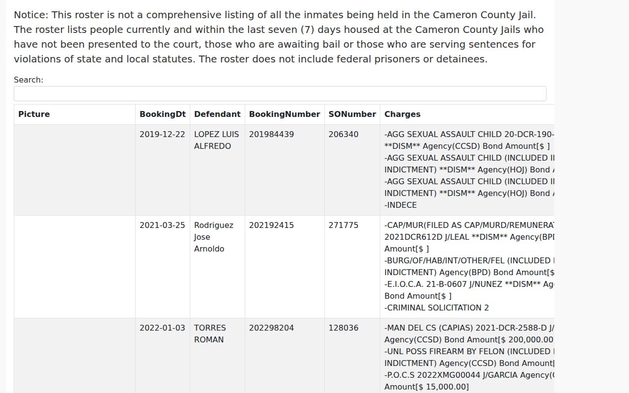 Harlingen residents directory Cameron County inmate list entry page