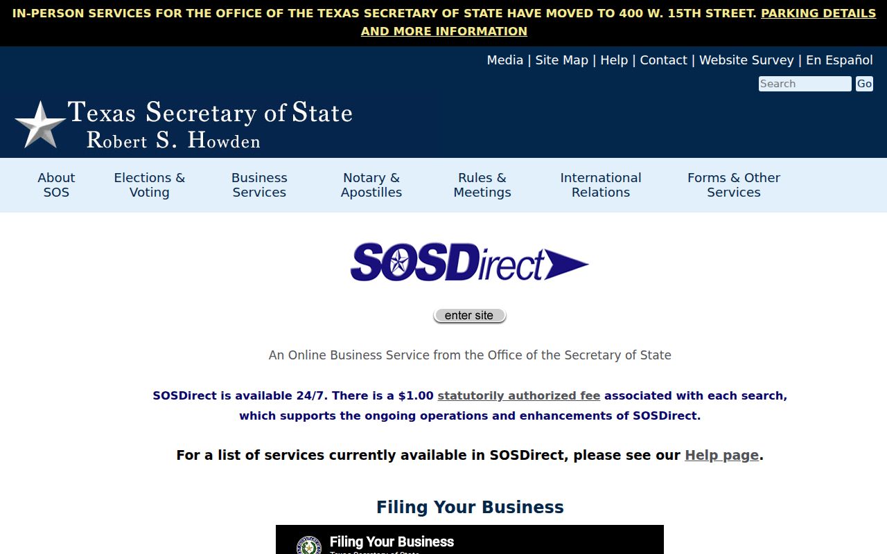 Harlingen residents directory Texas SOSDirect entity search landing page