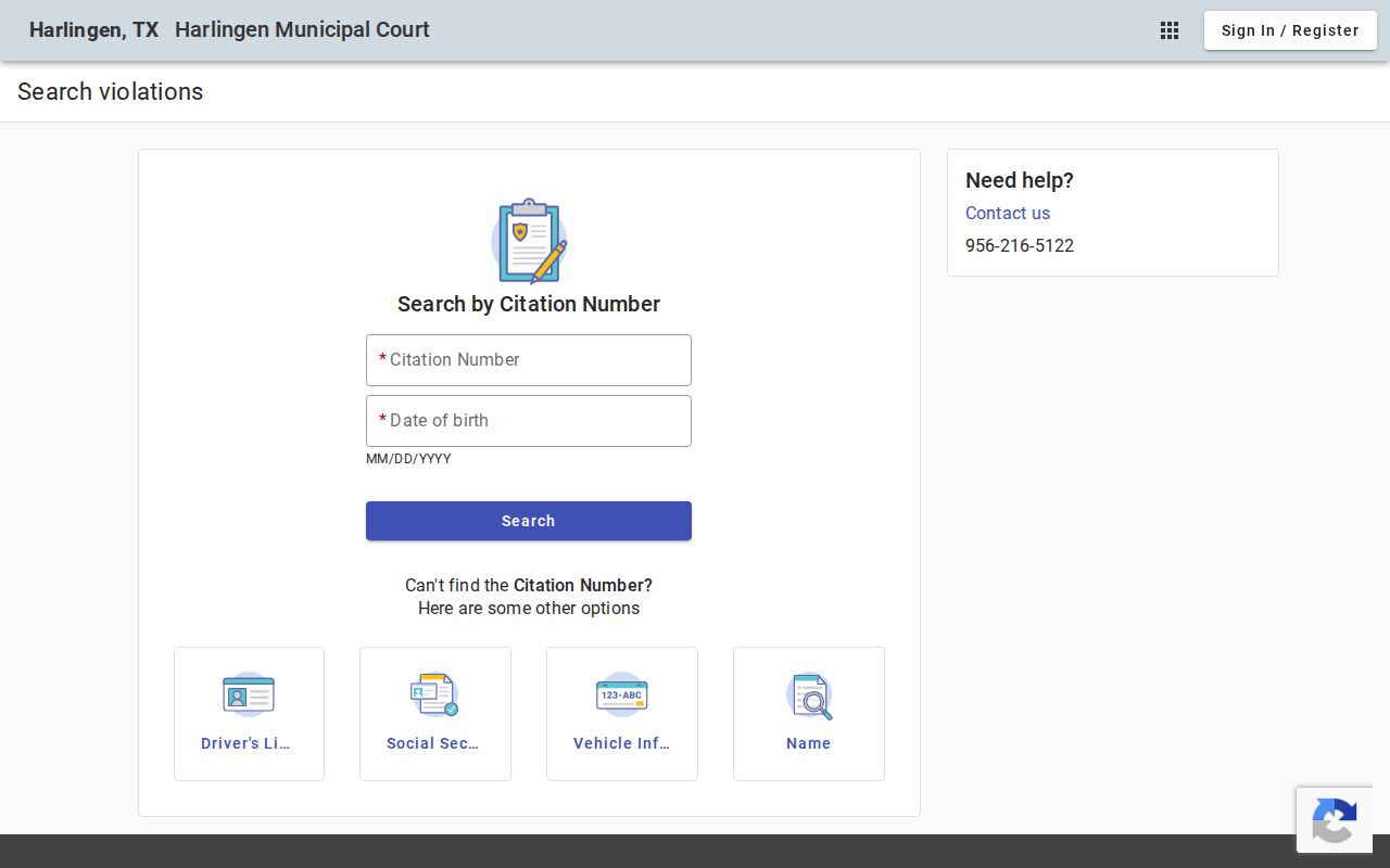 Harlingen resident lookup options on the Municipal Court citation and name search form