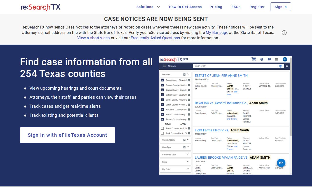 Harlingen resident lookup through the Texas re:SearchTX trial-case entry screen