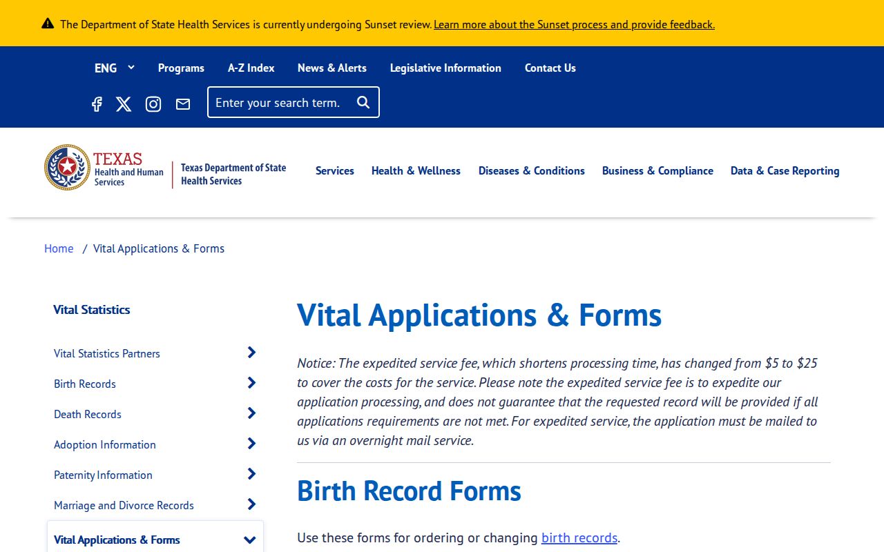 Harlingen resident lookup vital-record options on the Texas DSHS application forms page